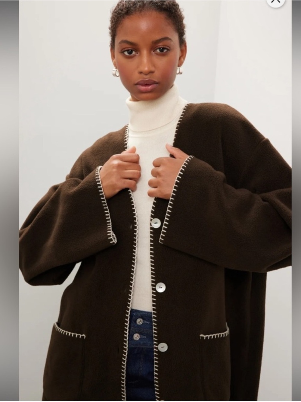 Donni Polar Fleece Brown Button-Front Contrast Stitch Cardigan XS - Picture 5 of 8